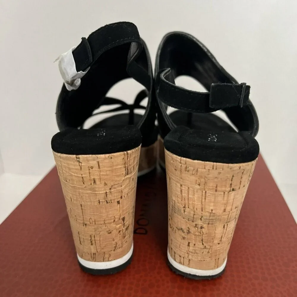 Donald Pliner Valri Wedge Sandals Women's 10 Solid Black Strappy Slingback‎ NWB
